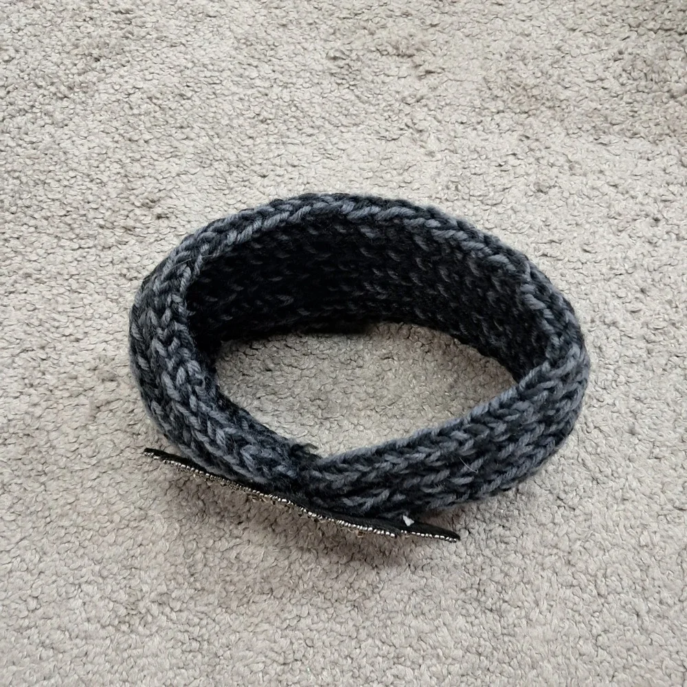 Charcoal Gray Chunky Knit Twisted Headband Beaded Applique Ear Warmer H55
